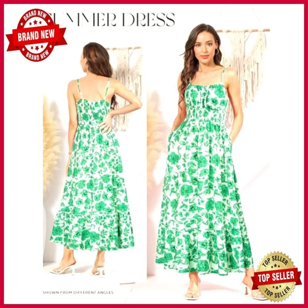 Floral Smocked Maxi Dress Boho Beach Sundress with Pockets Adjustable Straps_4